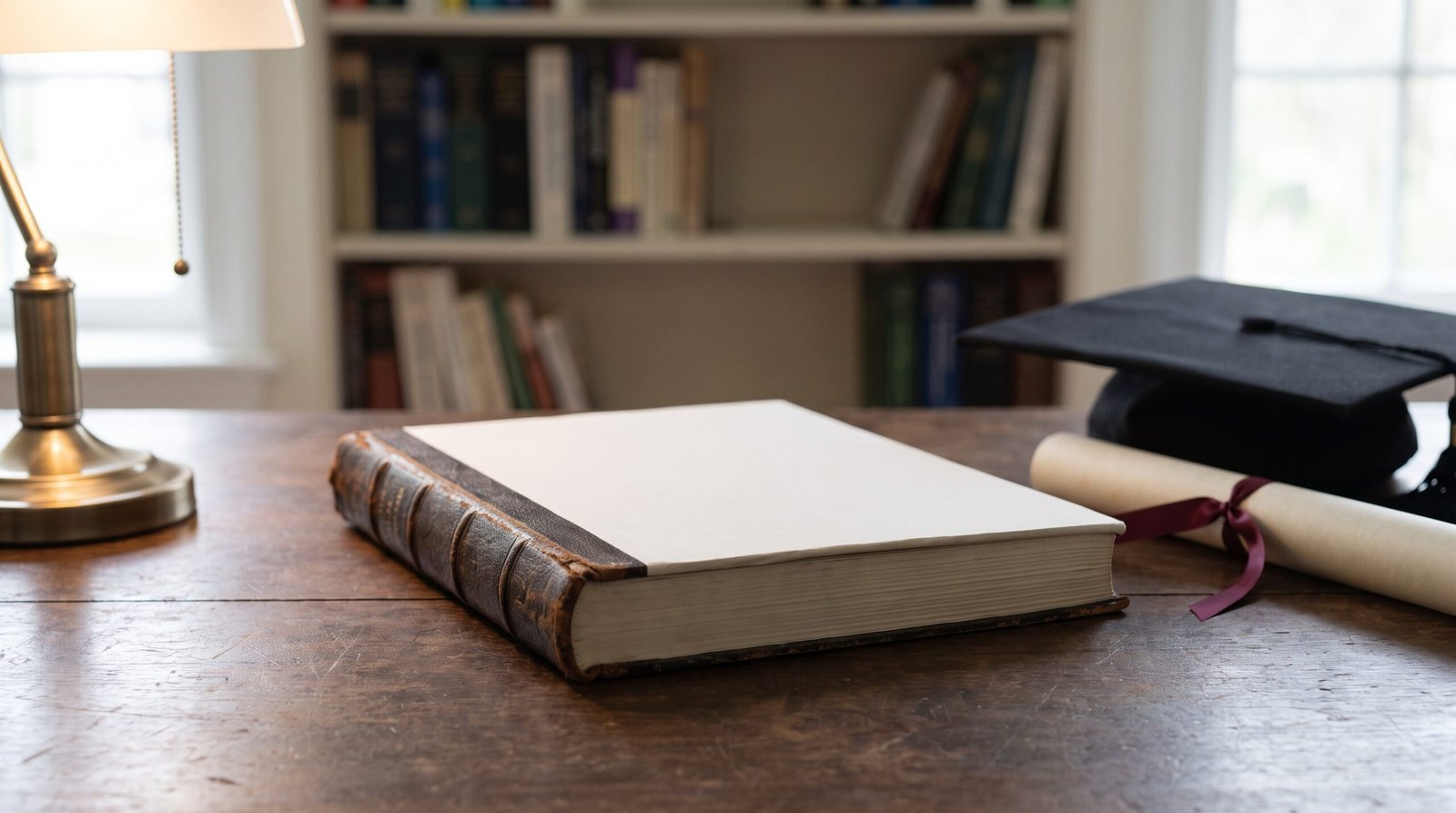 Tesis doctoral sobre un escritorio, con birrete y diploma