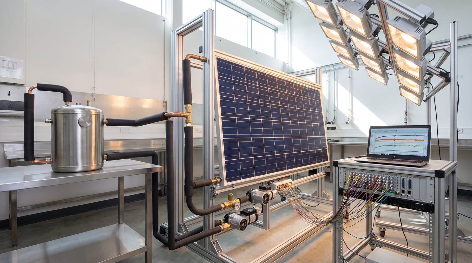 Captador solar híbrido fotovoltaico-térmico en ensayo dentro de una cámara climática