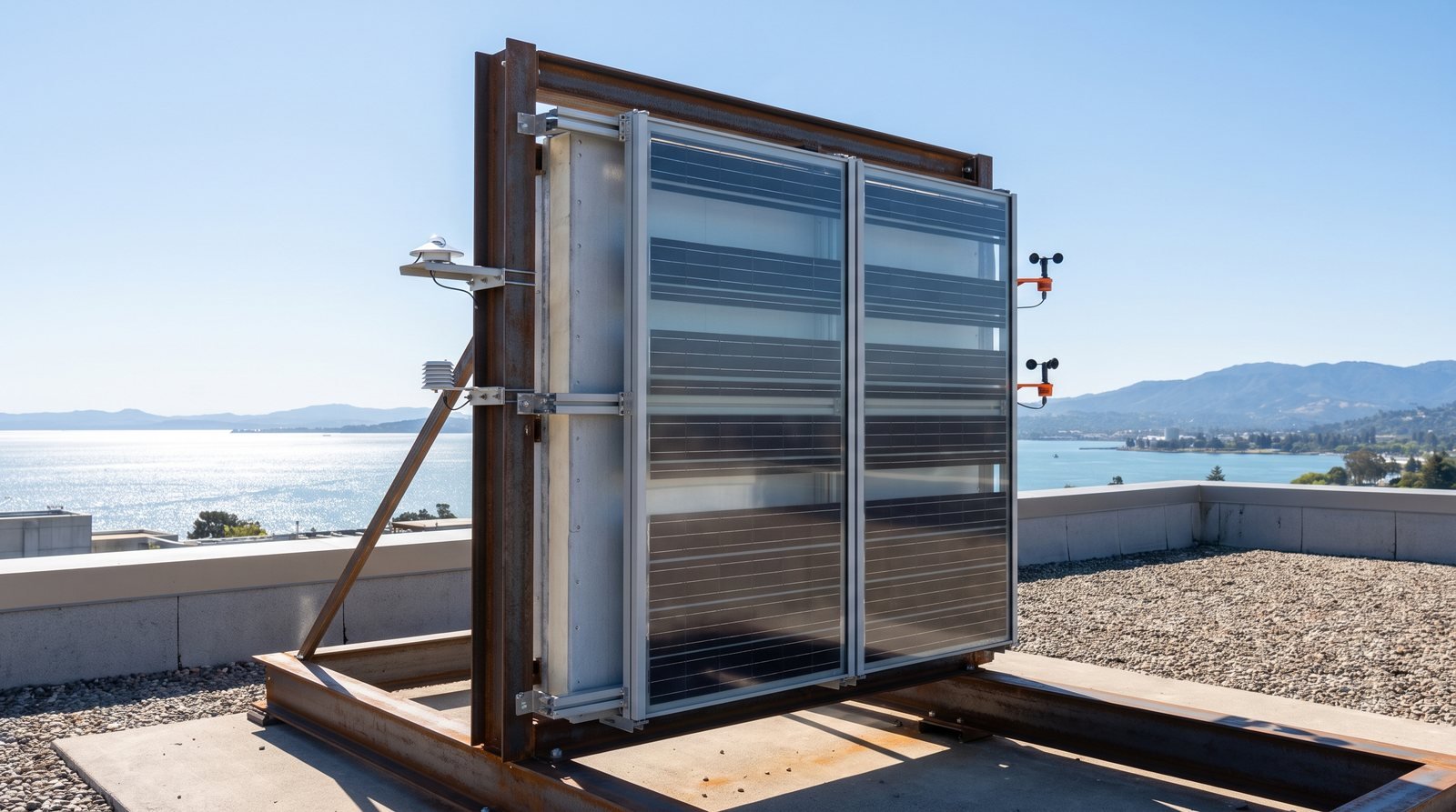 Módulo de fachada ventilada con vidrio fotovoltaico en una célula de ensayo exterior