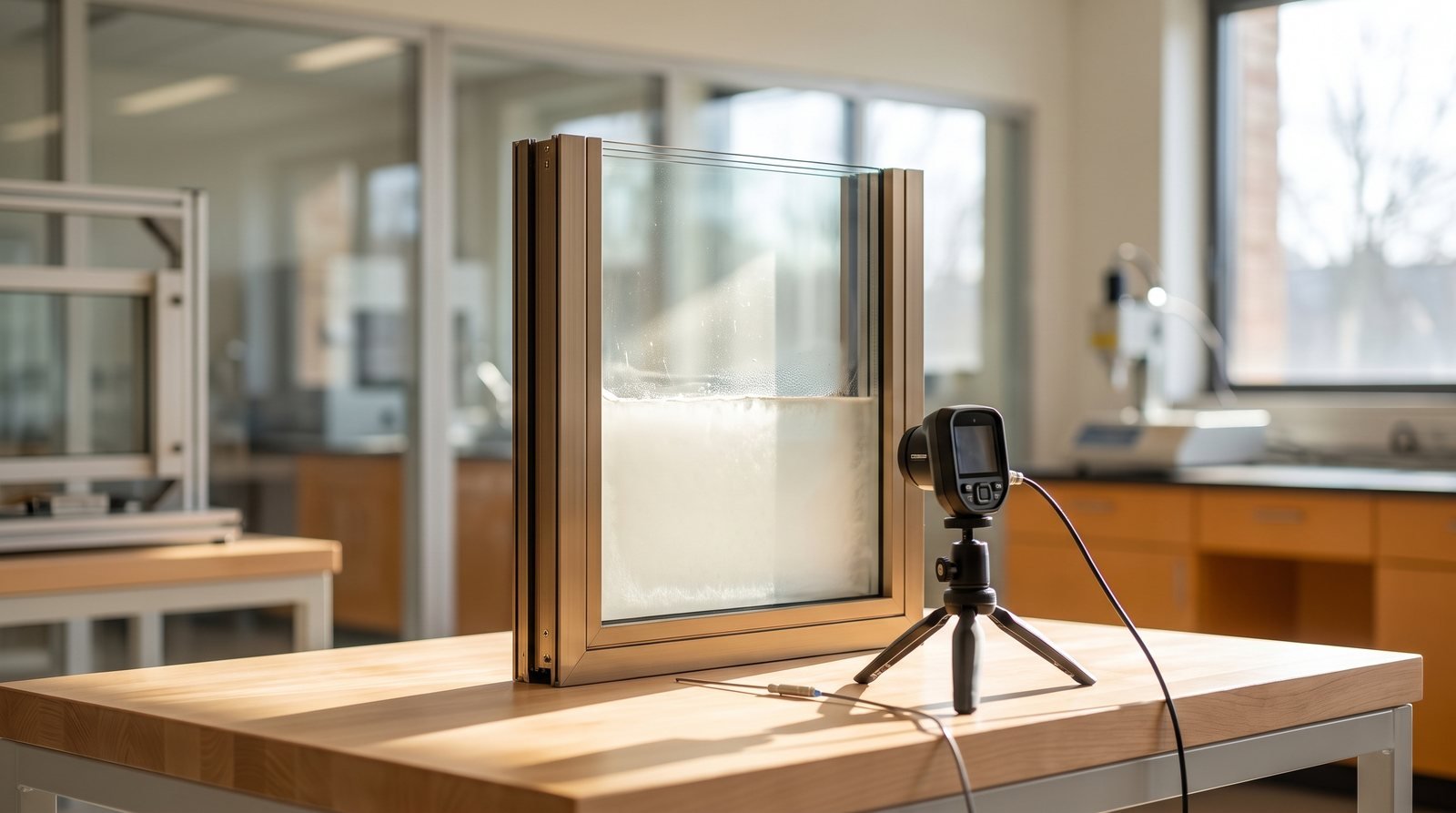 Muestra de acristalamiento con cámara de material de cambio de fase en el laboratorio